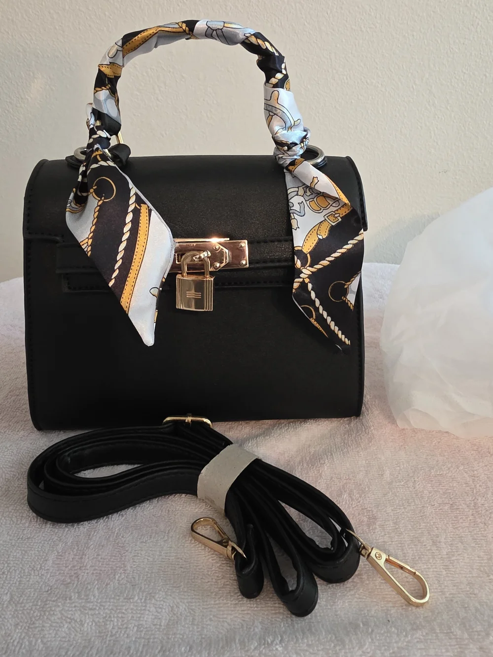 Classic Black Top-Handle Satchel with Scarf Accent